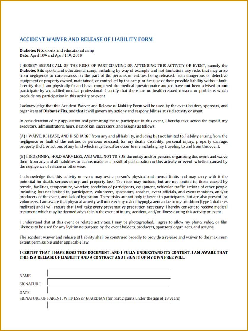 9 Accident Waiver Form Samples Free Sample Example Format Download Leedy Accident Waiver and Release of Liability 8371116