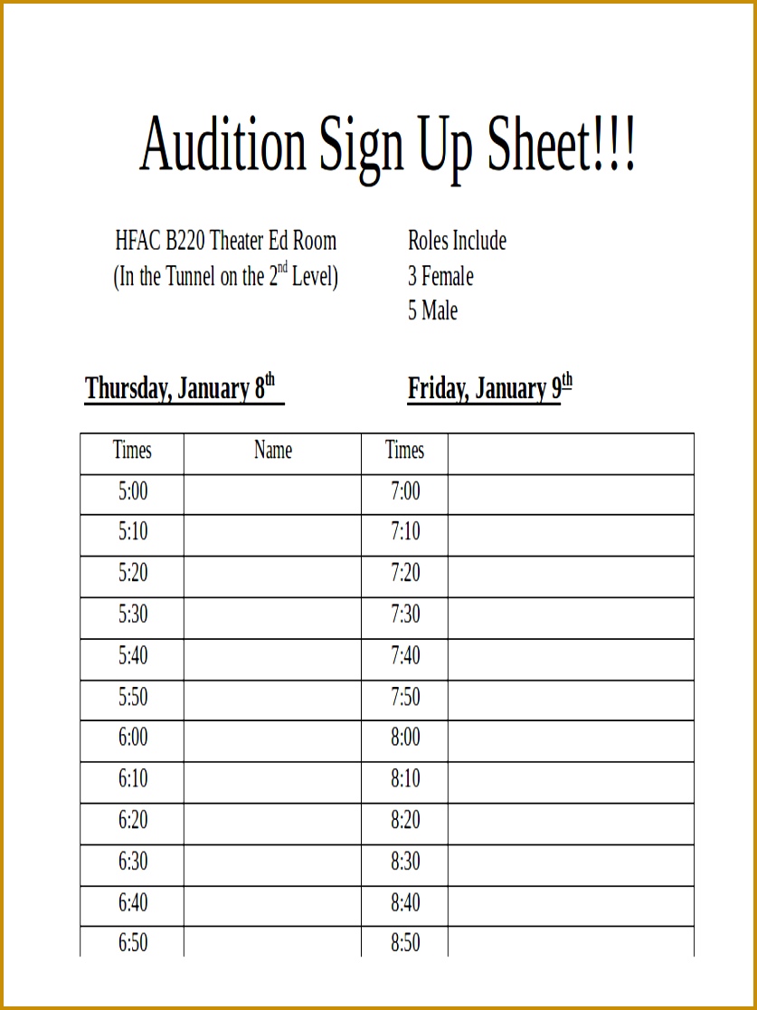 Audition Sign Up Sheet Example 1116837
