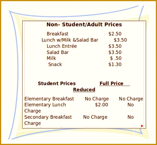 School Meal Prices List Template Sample Download 502544