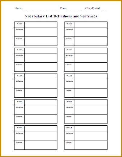 Blank Vocabulary Terms Definitions and Sentences Worksheet 521405