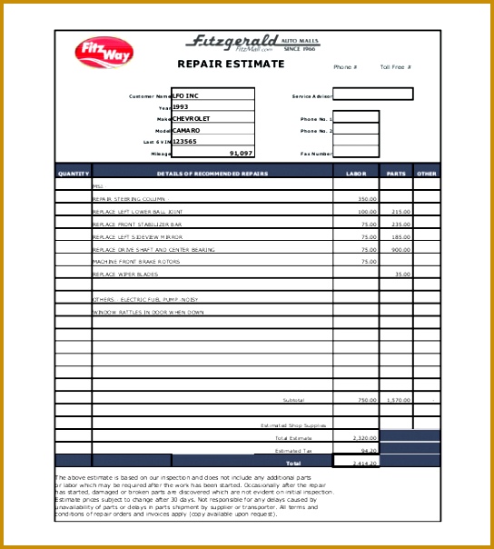 Repair Estimate Template PDF Download 604544