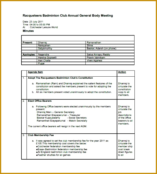 Club Meeting Minutes Template – 6 Free Sample Example Format 604544