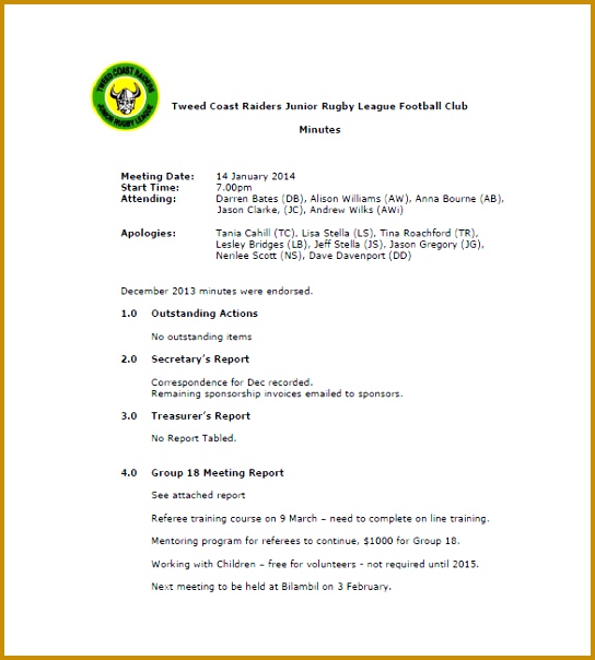 Football Club Minutes Meeting Template 604544