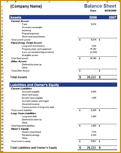 Sample Balance Sheet Template for Excel 474597