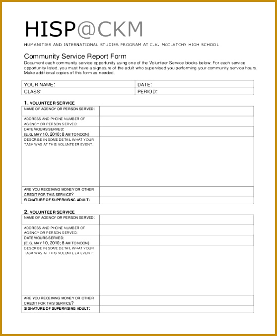 munity service report form 678558
