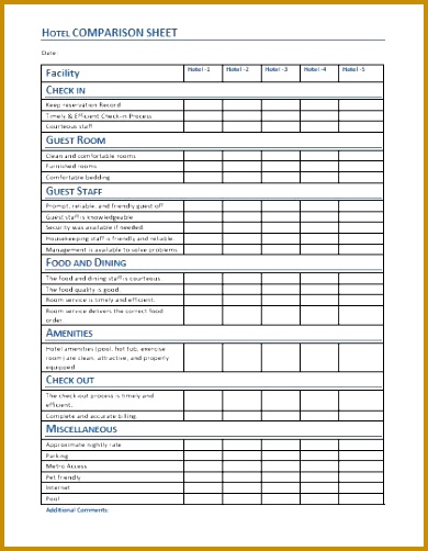 Hotel parison Sheet Template 502390