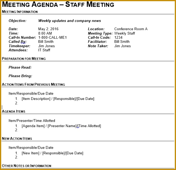 The second business meeting agenda template from Vertex42 has the same header as the outline template above but en passes the body in a table structure 595575