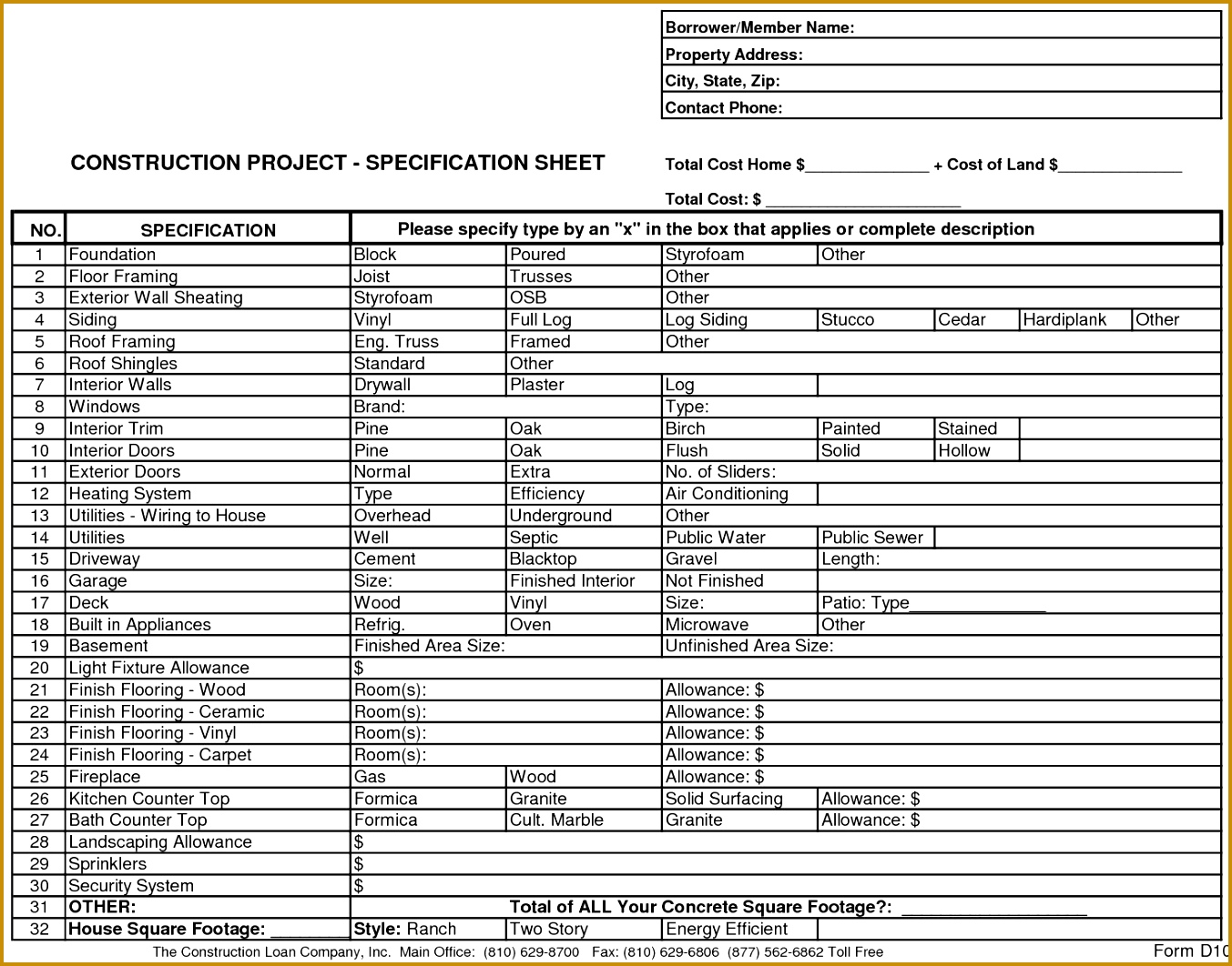 New Home Construction Bid Sheet 13531062