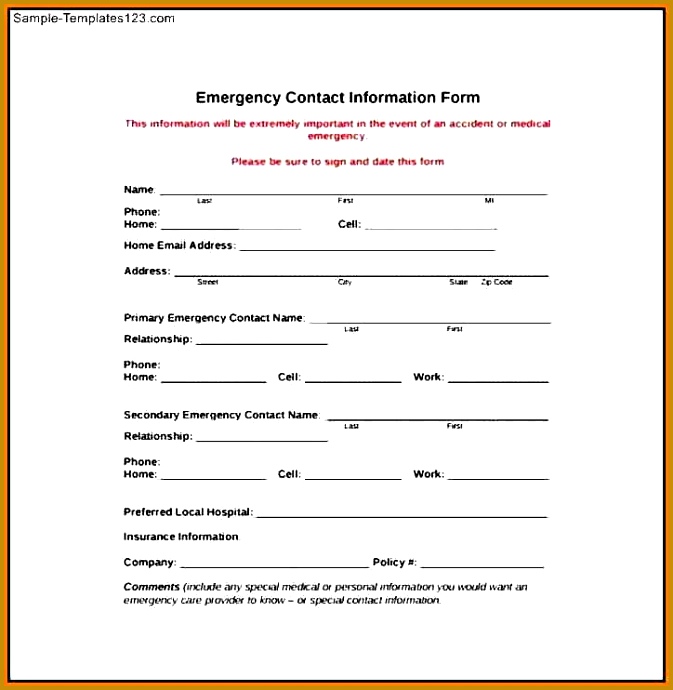 Emergency Contacts Form Templates Emergency Contact Information 690673