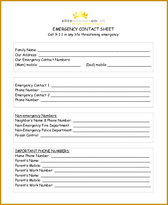 Emergency Contact Sheet For Babysitter 558678