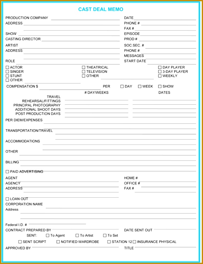 deal memo template Cast Deal Memo Template 855656