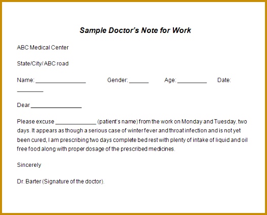 Sample Doctors Note for Work 424525