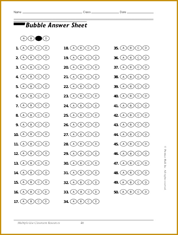Bubble answer sheet ©Prentice Hall Inc Allrightsreserved Multiple Use Classroom Resources 46Bubble Answer 783594