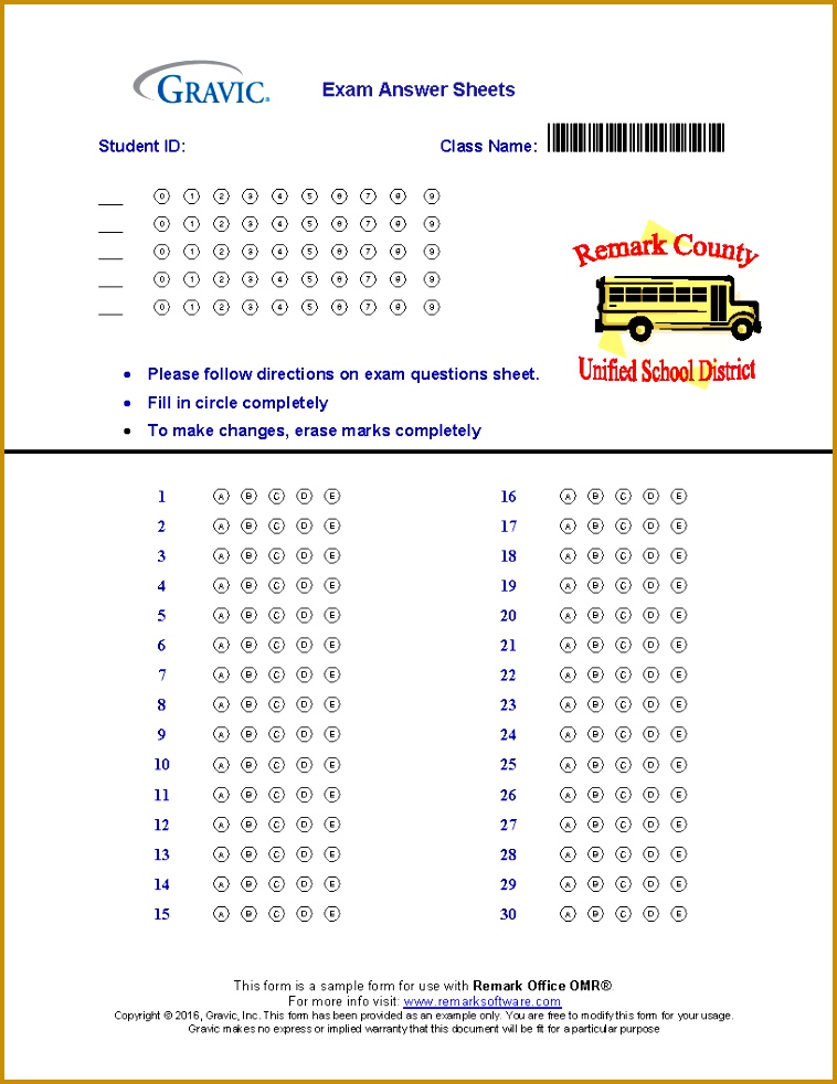30 Question Answer Sheet for Remark fice OMR 982758