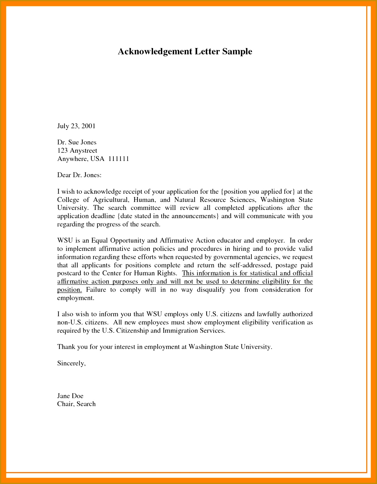 letter of acknowledgement sample acknowledgement sample for a 15821234