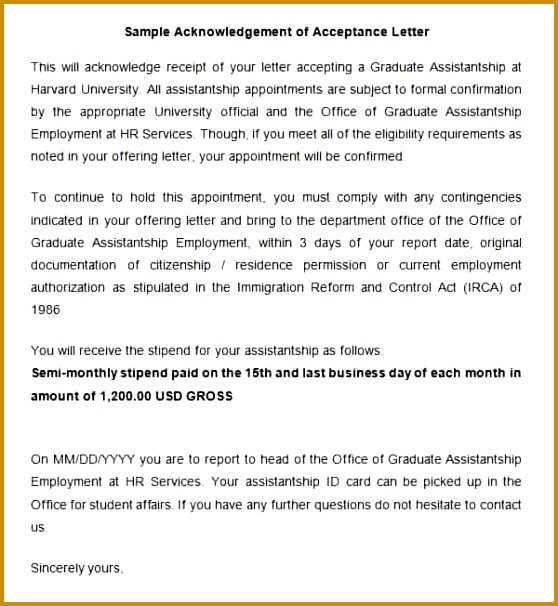 Sample Acknowledgement of Acceptance Letter Free Download 558606