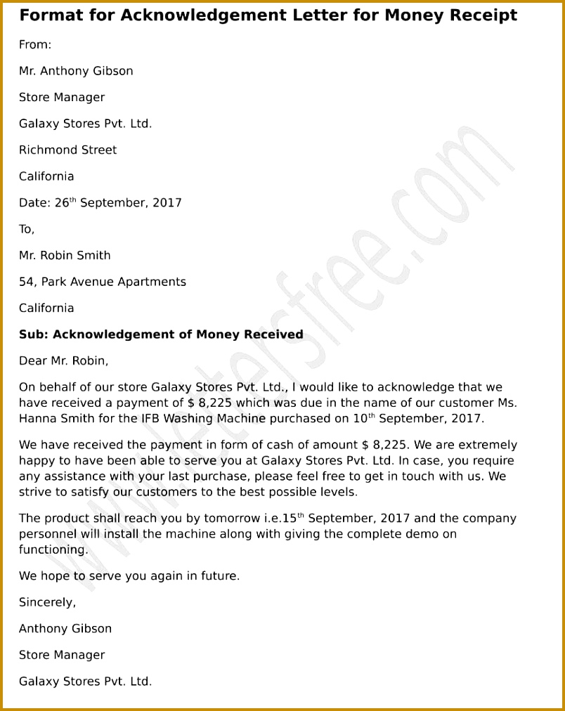 Acknowledgement Letter Format for Money Receipt Sample Acknowledgement Letter 1012804