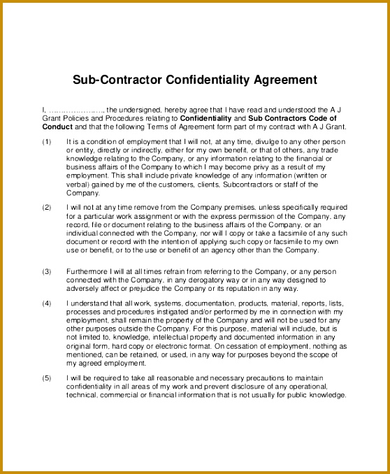 Sub Contractor Confidentiality Agreement Example 678558