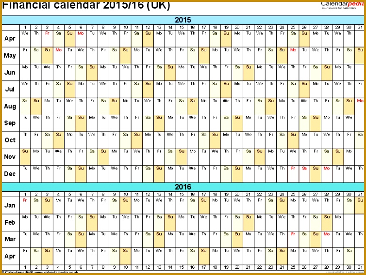 Template 4 Excel template for financial calendar 2015 2016 landscape orientation 1 568754