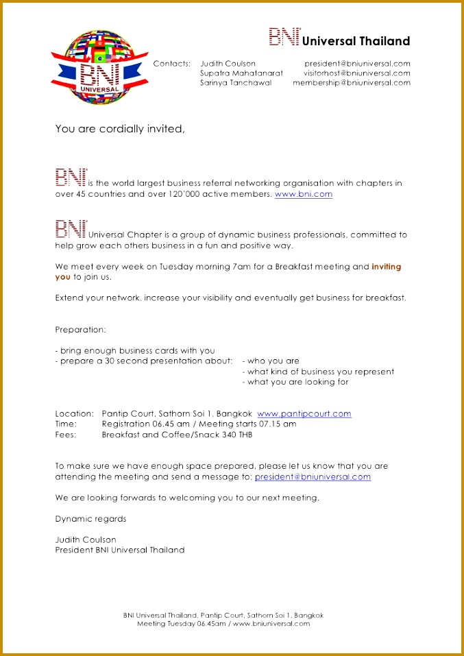 BNI Universal Meeting Invitation Letter Universal Thailand Contacts Judith Coulson 677957