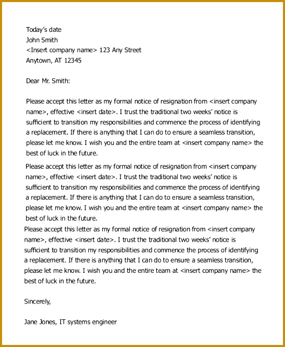 resignation letter sample 2 weeks notice 678558