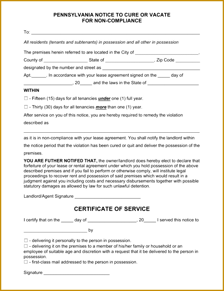Free Pennsylvania 15 30 Day Notice to Quit Non pliance Word PDF 952735