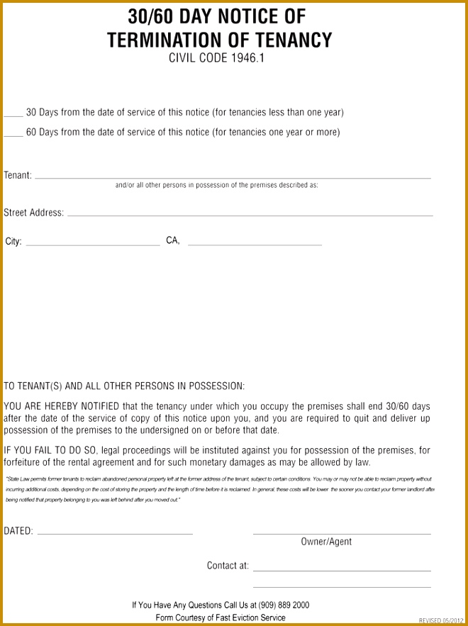 Day Termination of Tenancy Notice Free Eviction Forms 30 day eviction notice letter 660883