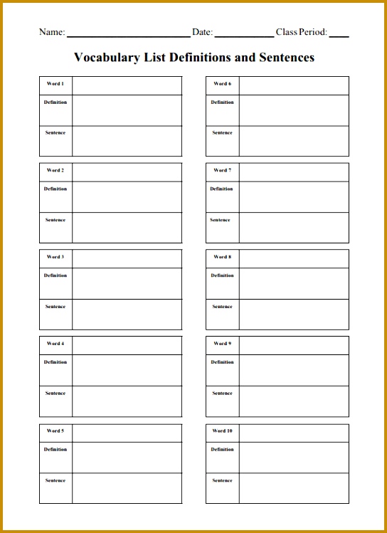 Blank Vocabulary Worksheet Template PDF Download 749544