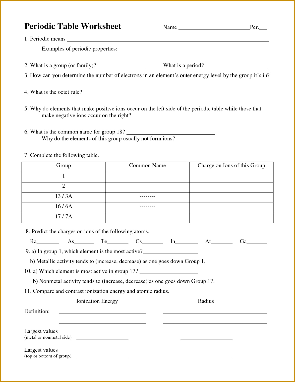 Periodic Table Worksheet plete The For Necessary Stunning Quiz 15341185