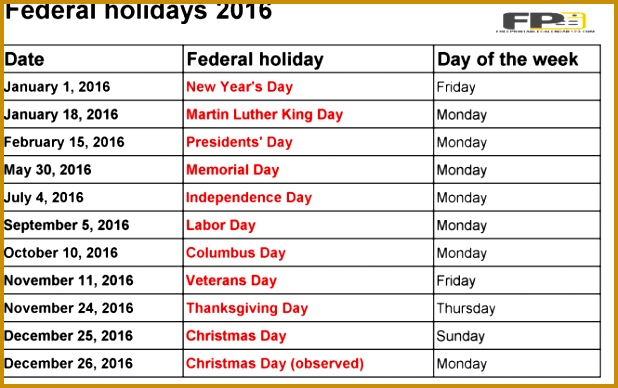 Federal Holiday Schedule The Best 2017 388618