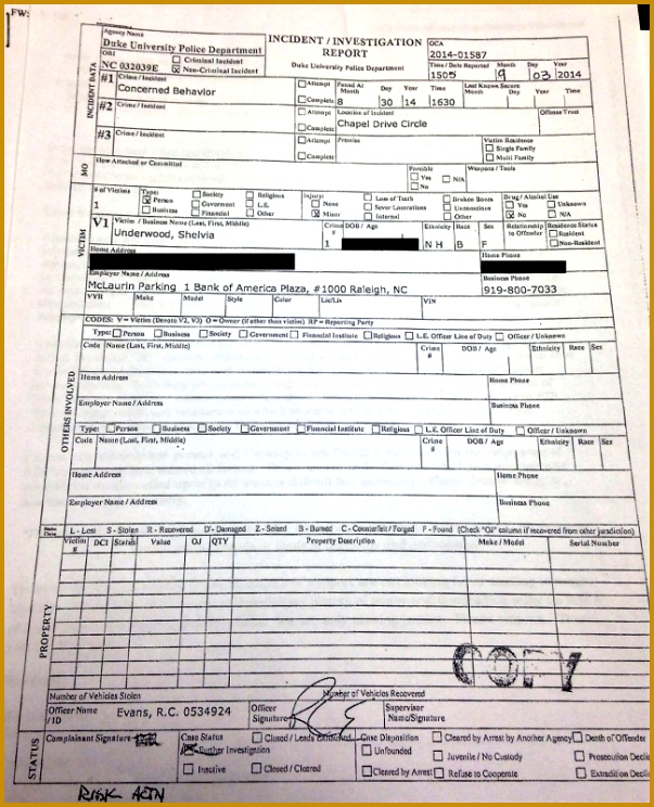 The first page of the police report of the incident involving Underwood and Trask 744603
