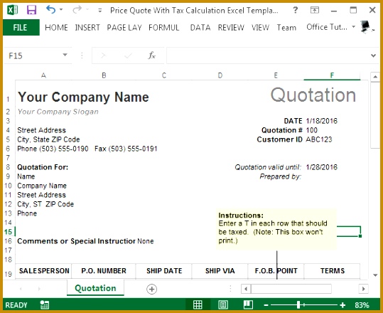 Price quote with tax calculation Excel template 580x474 539440