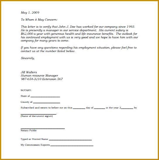 Sample Notarized Letter of Employment Template PDF Printable 544548