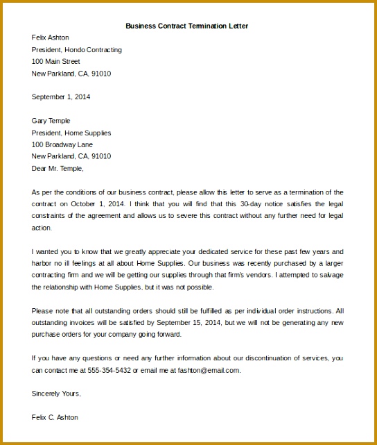 Free Business Contract Termination Letter Template Example 641544