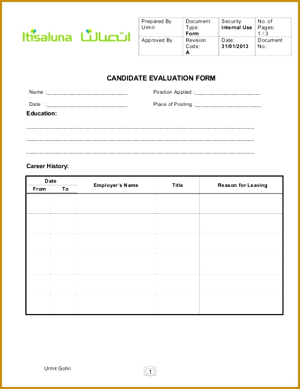 Candidate evaluation form for HR Prepared By Document Security No 768593