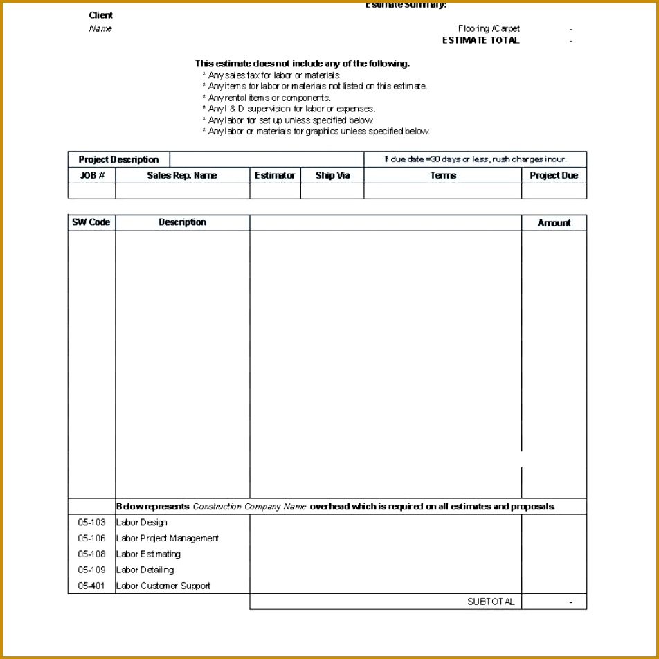 Free Contractor Bid Proposal Forms Bid Estimate Template 5 Sample intended for Bid Estimate Template 952952