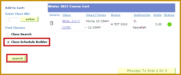 ce in the enrollment course cart select the Class Schedule Builder option shown below and click search 587245