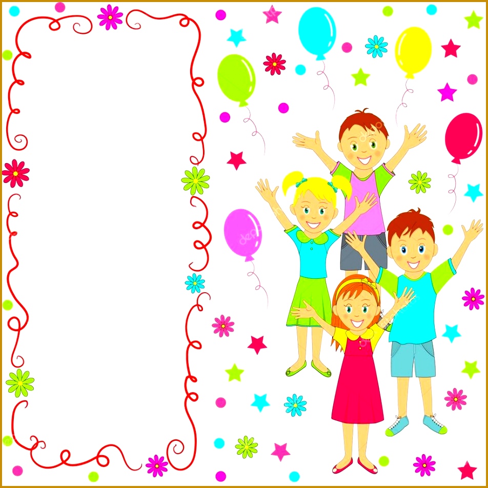 Birthday party greetings or menu cardy and girl smiling cheerfully raising his hands against the background of frame and balls illustration 952952