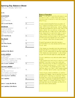 Opening Day Balance Sheet Template 331255