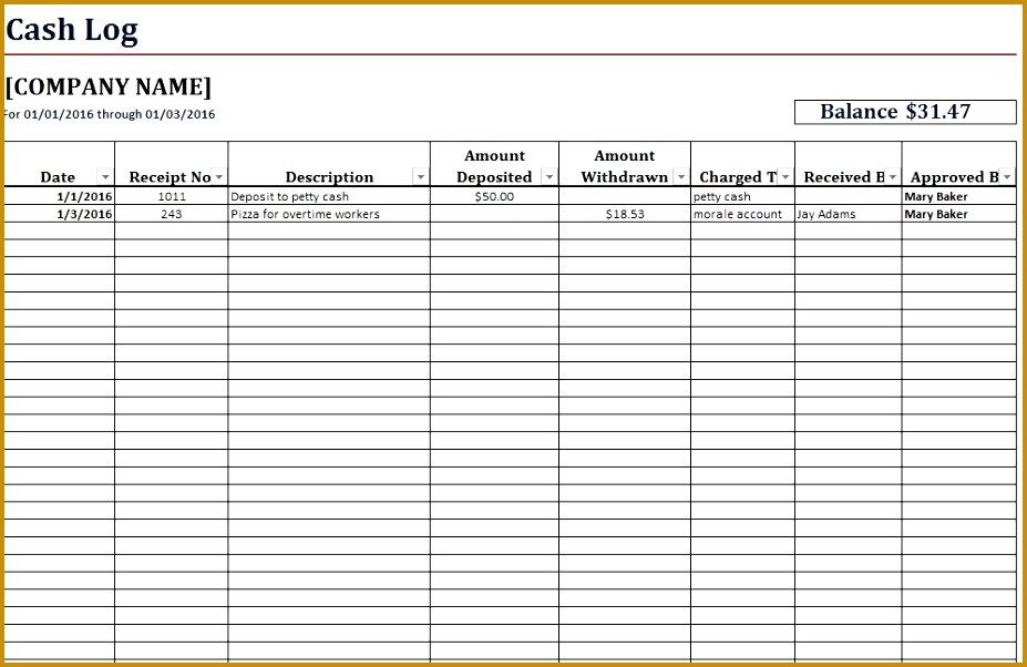 Here is preview of This First Sample Cash Log Template created using MS Excel 927602