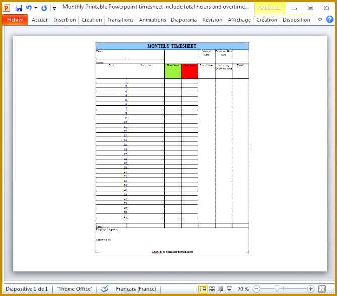 Monthly Printable Powerpoint timesheet include total hours and overtime hours on separate time rates 588669