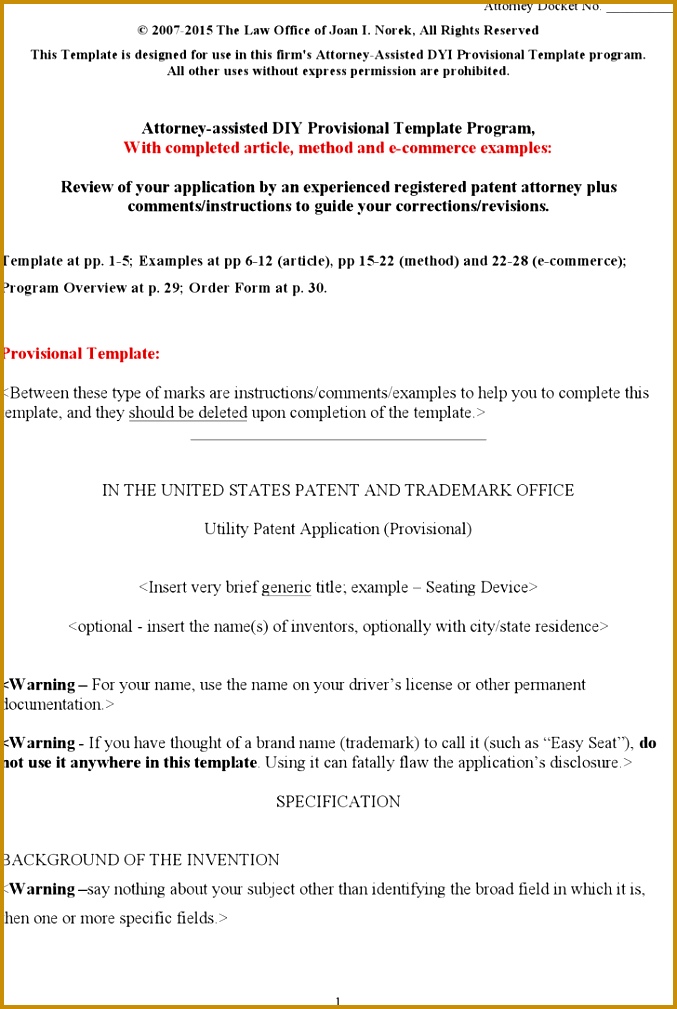 Provisional Patent Application Template Word Document Free Download 1009677
