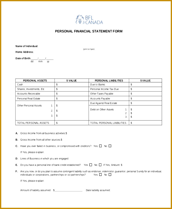 Personal Financial Statement Blank Form 678558