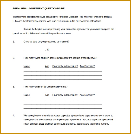 Prenuptial Agreement Questionnaire Document Template Download 558544