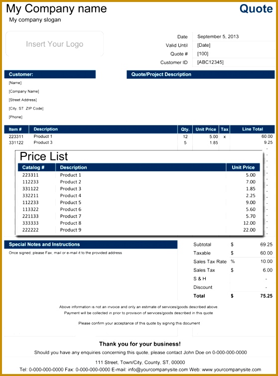 Price Quote with Price List 755558