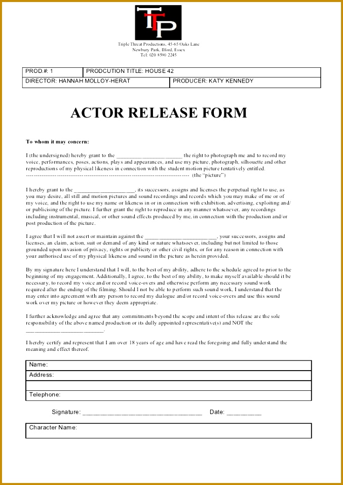 Actor release form Triple Threat Productions 45 65 Oaks Lane 958677