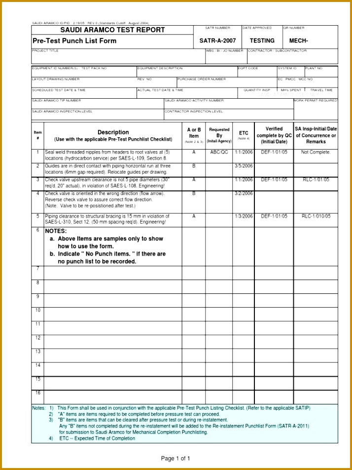 SATR A 2007 Pre Test Punch List Form pdf Valve uYbug SATR A 2007 Pre Test Punch List Form pdf Valve 952714
