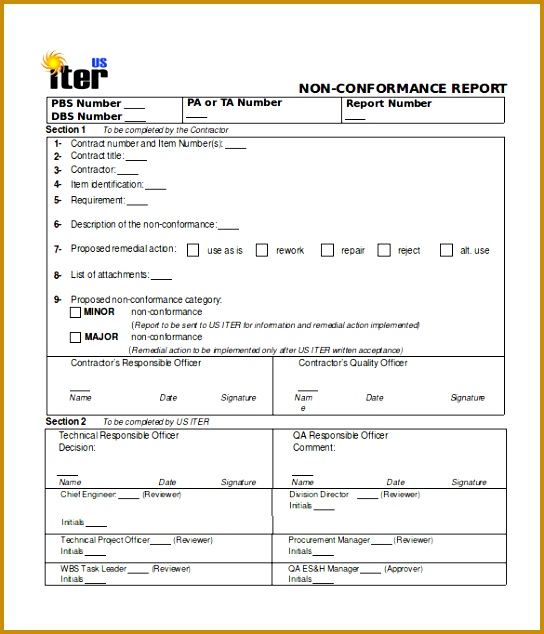 QA Non Conformance Report Word Template Free Download 634544