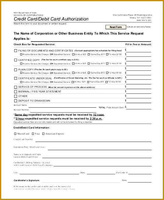 Standard Credit Card or Debit Card Authorization Form Template 558678