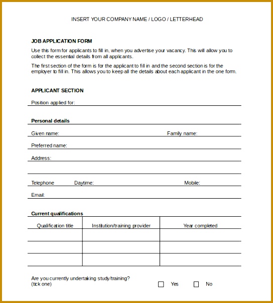 Job Application Form Word Format 604544